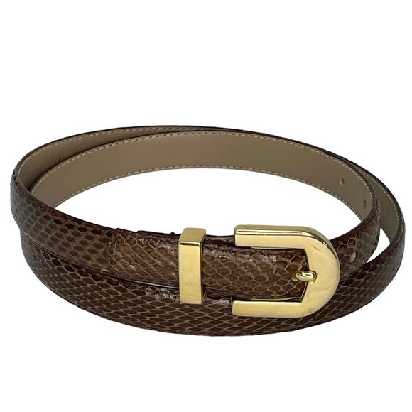 VTG Skinny Genuine Snake Skin Brown Belt Gold Buckle Chic Dressy Textured Size L - Picture 2 of 11